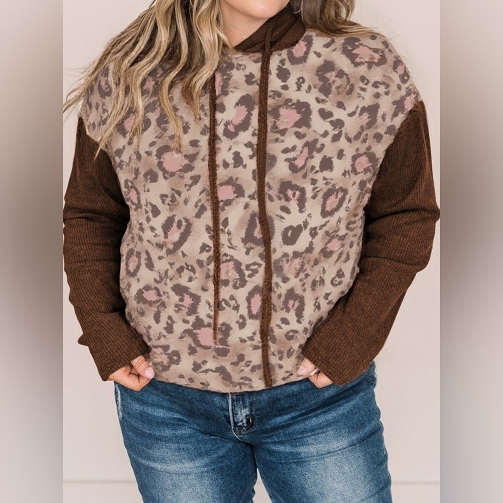 Plus Size Leopard Long Sleeve Drawstring Hoodie